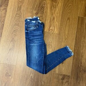 Flying Monkey Frayed Hem Skinny Jeans in Dark Wash Blue